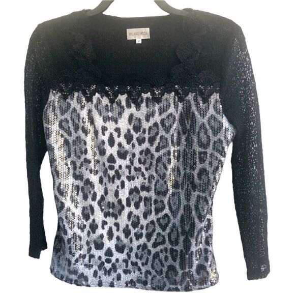 MILANO MODA Women’s Top Animal Print Sparkle Sequence Grey Black… - Picture 1 of 5